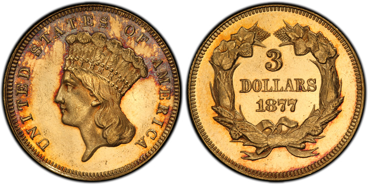 1877 Three-Dollar Gold Piece. MS-64+ (PCGS).